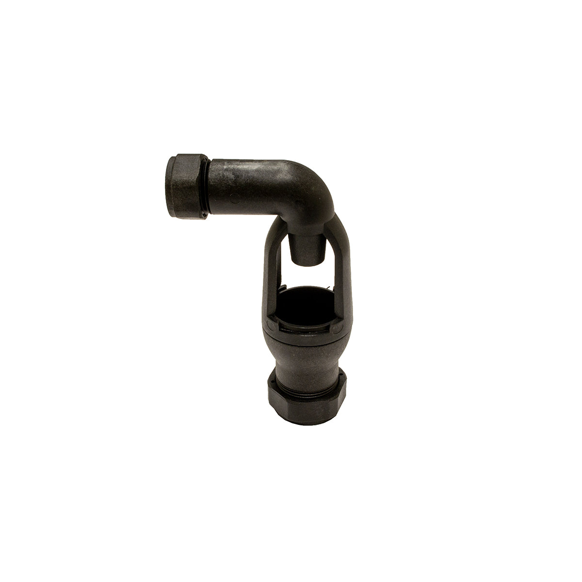 A black plastic tundish with a 15mm x 3/4 inch connection, part of a water heater system.